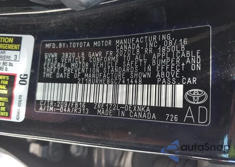 2016 Toyota Corolla Le z USA, uszkodzony, nr VIN 2T1BURHE8GC741448